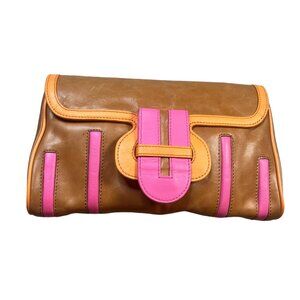 Kate Landry Leather Clutch With Colorful Stripes & Snap Closure 10" x 5.5"